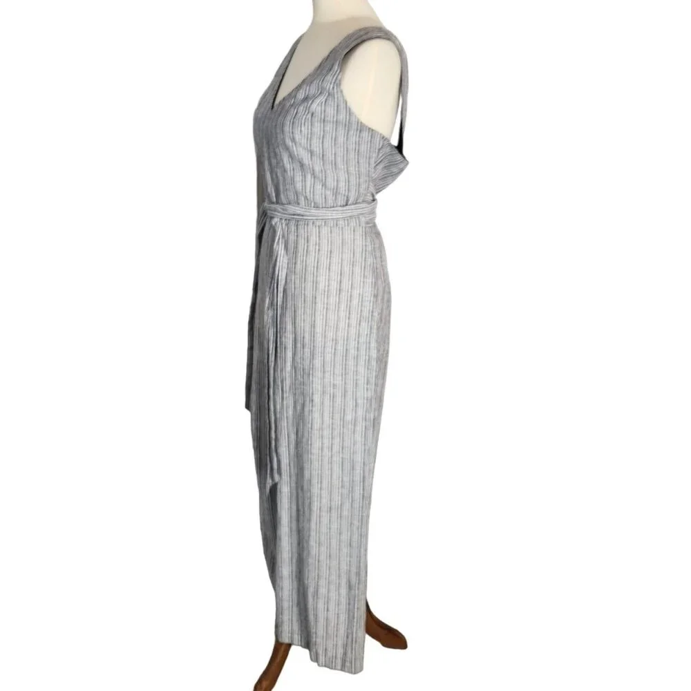 1. State Linen (sz 12) Blend Wide Leg V Neck Grey Striped High Waist Jumpsuit - Picture 2 of 12